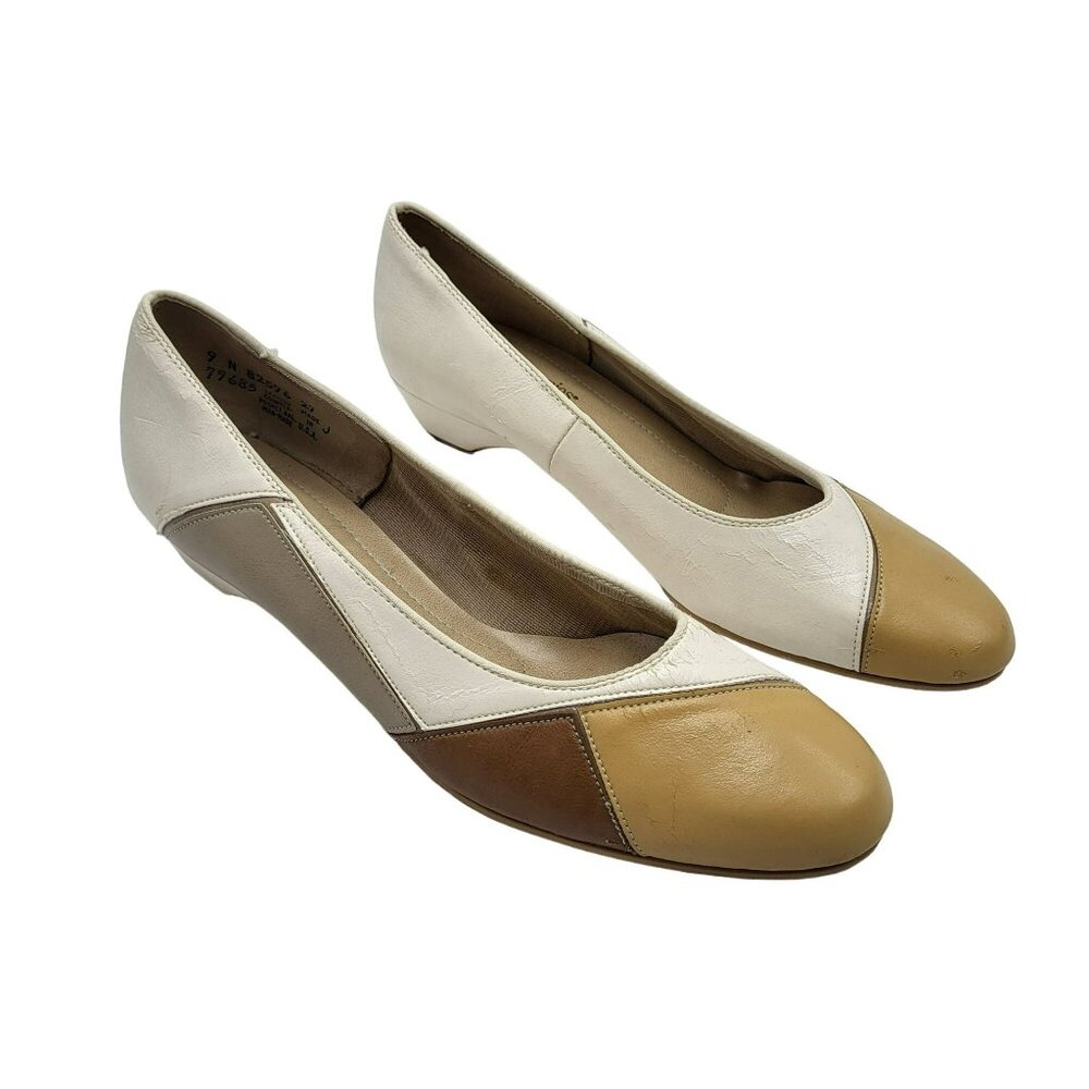 Vintage Hush Puppies Patchwork Leather Pumps Beige Tan & Caramel Women's 9N